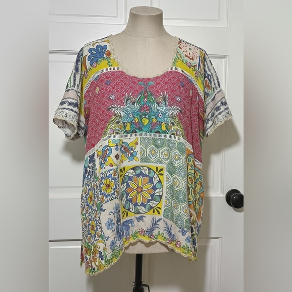 JOHNNY WAS 100% Silk Rosalina Printed Top Size Small Colorful Patchwork $215 - Picture 1 of 6
